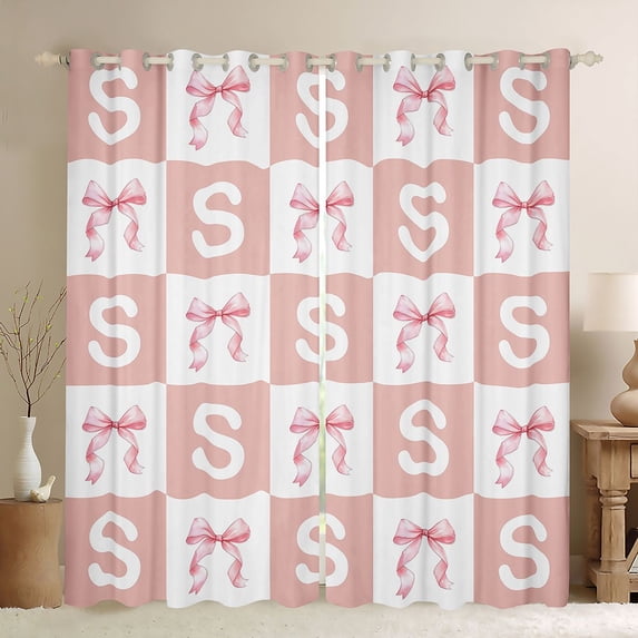 Erosebridal Girls Pink Bows Curtains Pack of 2 (42x84 Each),Classic Checkered Pattern Letter S Print Curtains Blackout For Kids
