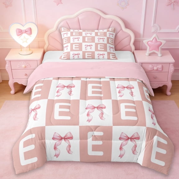 Erosebridal Girls Pink Bows Twin Comforter Sets,Classic Checkered Pattern Letter E Print Bedding Set For Kids,Reversible pink,2-Piece