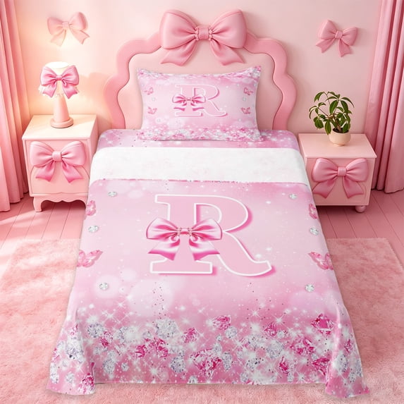 Erosebridal Girls Pink Bowtie Twin Sheet Sets For Kids,3D Cartoon Letter R Monogram Bedding 3 Pieces
