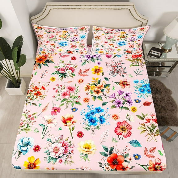 Erosebridal Pink Fitted Sheet Twin, Chic Floral Flower Bedding Twin Size, 2 Piece (Fitted Sheet, Pillowcase)s (Fitted Sheet, Pillowcase), No Top Sheet