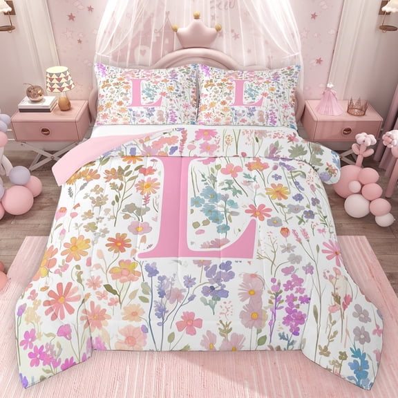 Erosebridal Girls Pink Flower Full Size Comforter Sets, Garden Floral Bedding Sets, Personalized Initial L, Pink Reversible, 1 Comforter and 2 Pillowcases