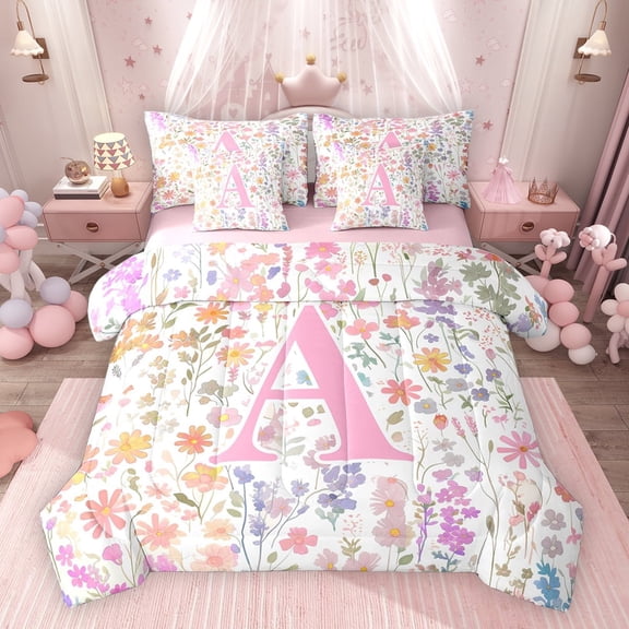 Erosebridal Girls Pink Flower Twin Bedding Sets, Garden Floral Bedding Comforter Set, Personalized Initial A, Pink Reversible, 7-Piece