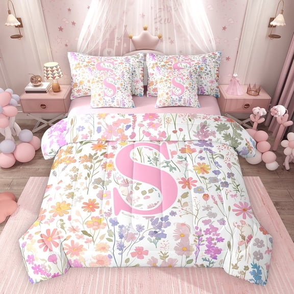 Erosebridal Girls Pink Flower Twin Bedding Sets, Garden Floral Bedding Comforter Set, Personalized Initial S, Pink Reversible, 7-Piece