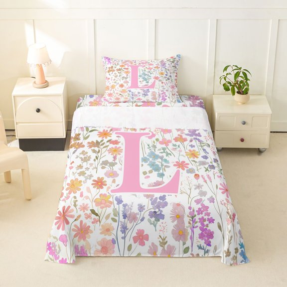 Erosebridal Girls Pink Flower Twin Sheet Sets, Garden Floral Bedding, Personalized Initial L, 1 Flat Sheet, 1 Fitted Sheet and 1 Pillowcase