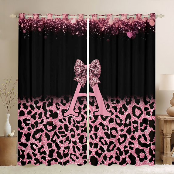 Erosebridal Girls Pink Leopard Print Blackout Curtains Set of 2 (52x84 Each),Cute Bows Initial Letter A Window Curtains For Girls Women
