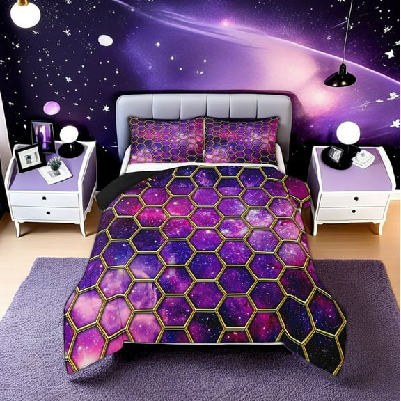 Erosebridal Pink Purple Galaxy Nebula Bedding Twin Comforter Set, Geometry Hexagon Honeycomb Down Comforter, Reversible 2pcs, Ultra Soft