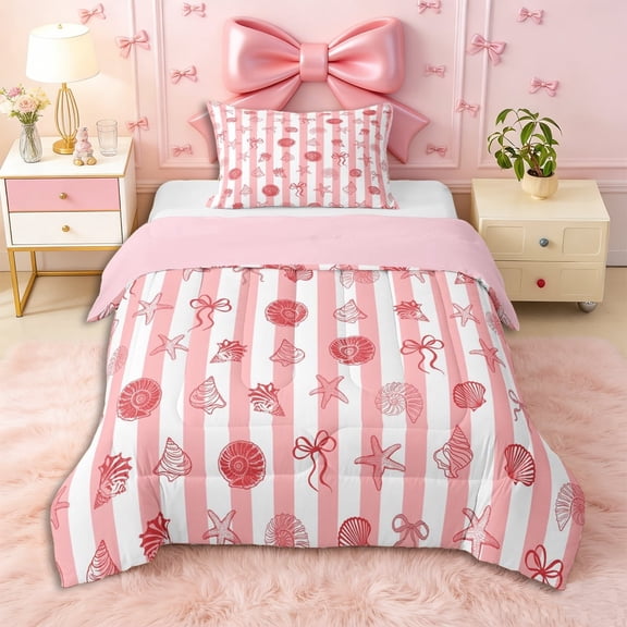 Erosebridal Girls Pink Ribbon Bow Twin Comforter Sets 3-Piece,Ocean Seashell Starfish Bedding Set for Teens Women,Pink Reversible,Microfiber Bedroom Decor