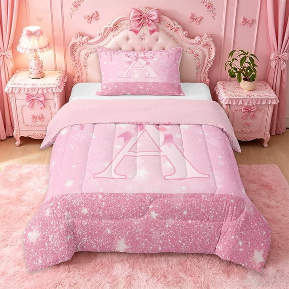 Erosebridal Girls Pink Ribbon Bow Twin Comforter Sets For Kids,Letter A Monogram Bedding Set,Pink Reversible,2-Piece