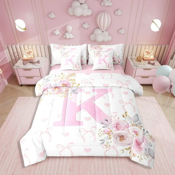 Erosebridal Pink Rose Bed in a Bag Twin size, Initial K Letter Bed Set, Cartoon Decor, Reversible 7-Piece