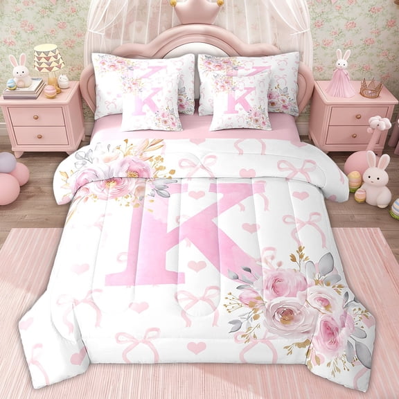 Erosebridal Pink Rose Bed in a Bag Twin size for Girl, Initial K Letter Bed Set, Cartoon Decor, Pink Reversible 7-Piece