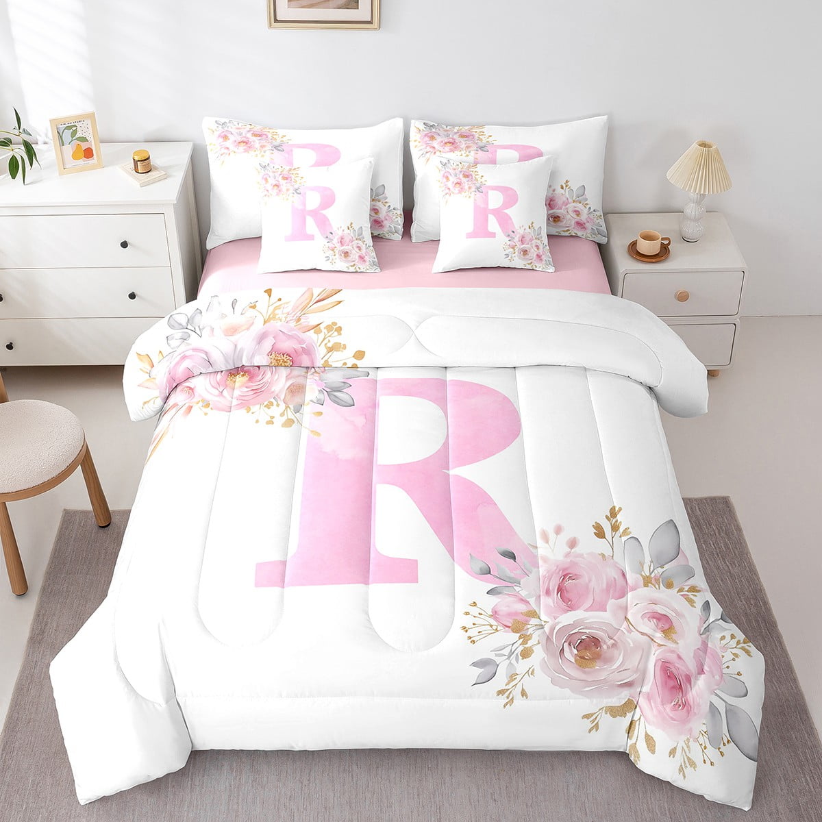 Letterinbed Design Erosebridal Pink Rose Bedding Queen Size, Initial R Letter Bed in a Bag ...