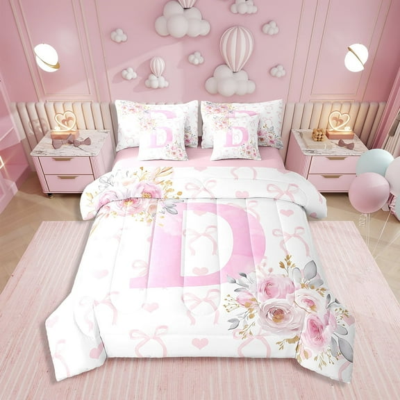 Erosebridal Pink Rose Bedding Sets Twin Size, Initial D Letter Bedding Accessories, Cartoon Decor, Reversible 7 Pieces
