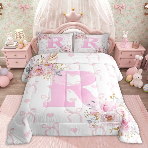 Erosebridal Pink Rose Comforter Sets Twin Size, Initial R Letter Comforters & Duvets, Cartoon Decor, Reversible 2 Pieces