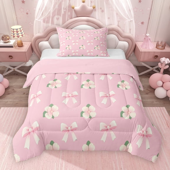 Erosebridal Girls Pink Twin Comforter Sets, Cute Bow Flower Floral Bedding Set, Pink Reversible 2pcs, 1 Comforter and 1 Pillowcase