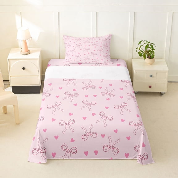 Erosebridal Girls Pink Twin Sheet Sets, Bowknot Hearts Bedding, 1 Flat Sheet, 1 Fitted Sheet and 1 Pillowcase