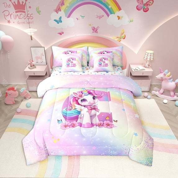 Erosebridal Pink Unicorn Bed in a Bag Twin size, Initial C Letter Bed Set, Cartoon Animal Decor, Reversible