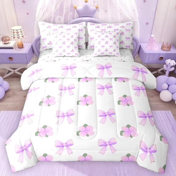 Erosebridal Girls Pink White Twin Bedding Sets, Cute Bow Flower Floral Bedding Comforter Set, Reversible, 7-Piece