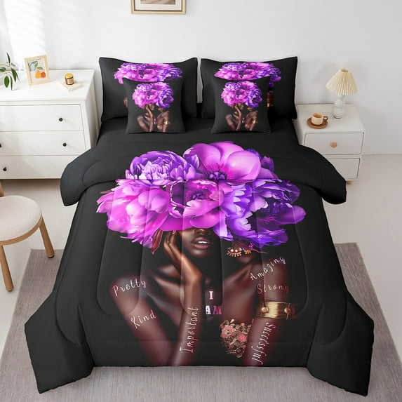 Erosebridal Girls Princess Bedding Sets King Size, Inspirational Quotes Bedding King Size, Purple Flower Reversible Comforter Sets with Sheets, Breathable Room Decoration, 7pcs