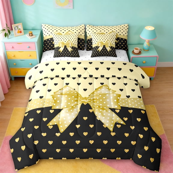 Erosebridal Girls Princess Bows 7-Piece Twin Bedding Sets,Yellow Loves Print Bedding Comforter Set For Kids,Reversible