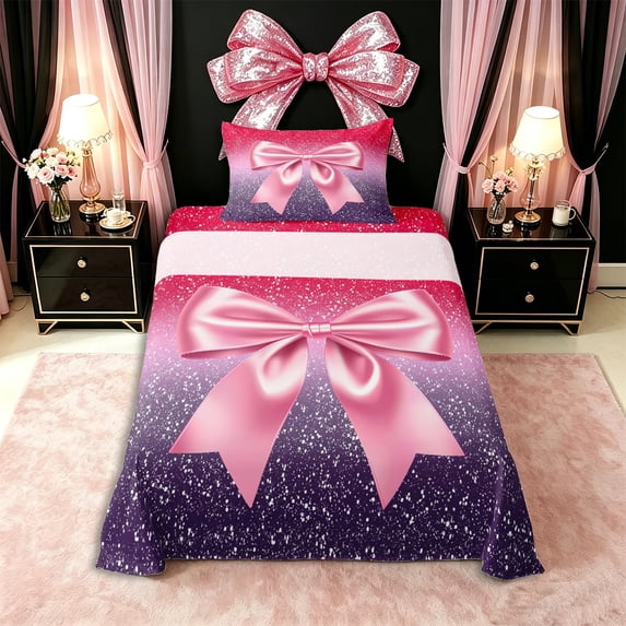 Erosebridal Girls Princess Ribbon Bow Twin Sheet Sets 3pcs,Teens Gradient Bling Glitter Print Bedding,Breathable Home Decor