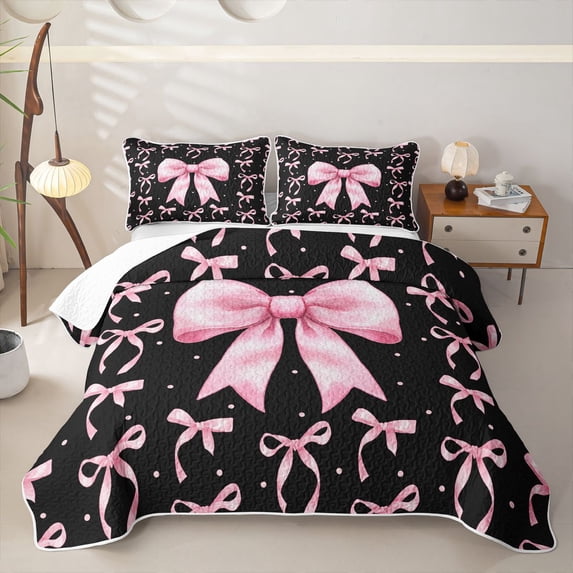 Erosebridal Girls Princess Ribbon Twin Quilt Set, Butterfly Knot Twin Coverlet Set, Black Pink, 2pcs