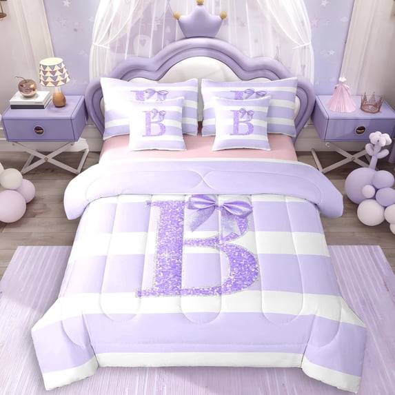 Erosebridal Girls Purple Bow Letter Monogrammed B Twin Bedding Sets 7-Piece,Bling Glitter Print Geometric Stripes Bedding Comforter Set For Children Teens,Pink Reversible