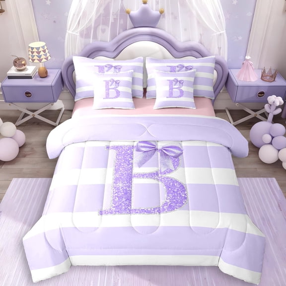 Erosebridal Girls Purple Bow Letter Monogrammed B Twin Bedding Sets 7-Piece,Bling Glitter Print Geometric Stripes Bedding Comforter Set For Children Teens,Pink Reversible