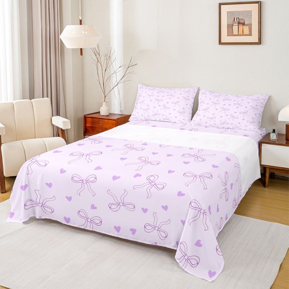 Erosebridal Girls Purple Full Size Sheets, Bowknot Hearts Bed Sheets, 1 Flat Sheet, 1 Fitted Sheet and 2 Pillowcases