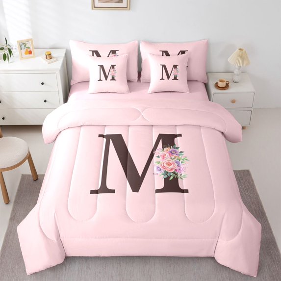 Erosebridal Girls Purple Pink Flowers Bedding Comforter Set 7-Piece,Floral Rose Personalized Initial M King Bedding Sets For Kids Teens,Pink Reversible