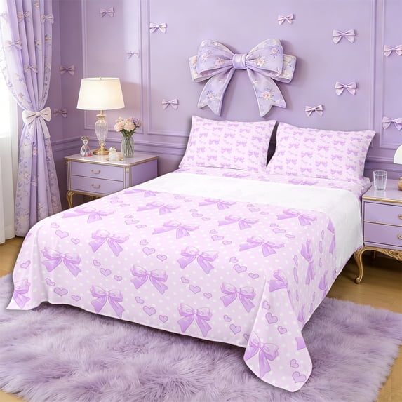 Erosebridal Girls Purple Ribbon Bow Bed Sheets 4pcs,Polka Dots Love Heart Print King Sheets for Kids Teens,Lightweight Room Decor