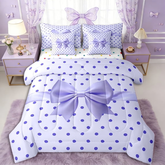 Erosebridal Girls Purple Ribbon Bow Bedding Comforter Set 7pcs,Kids Teens Vintage Polka Dots Queen Bedding Sets,Lightweight Room Decor