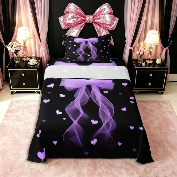 Erosebridal Girls Purple Ribbon Bow Twin Sheet Sets 3pcs,Love Heart Print Bedding for Kids Teens,Lightweight Room Decor