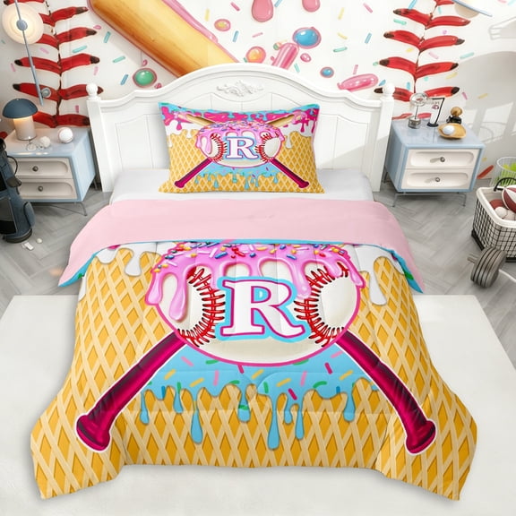 Erosebridal Girls R Letter Monogrammed Ice Cream Drip Dessert Twin Comforter Sets 3-Piece,Sport Theme Baseball Bedding Set For Boys Teens,Pink Reversible