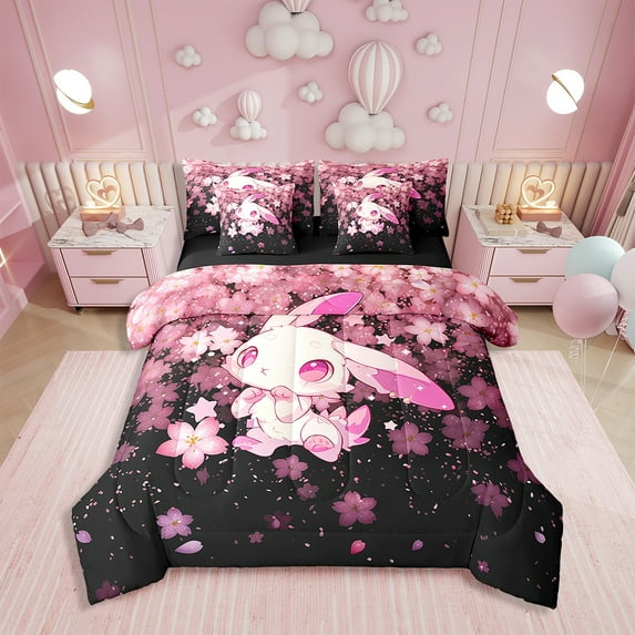 Erosebridal Rabbit Bedding Sets Twin Size, Pink Cherry Blossoms Comforter Sets with Sheets, Floral Bedroom Decor, Reversible