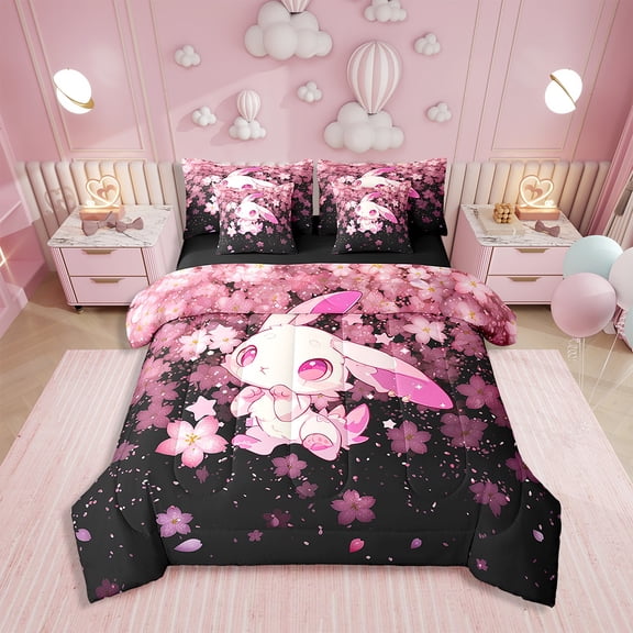 Erosebridal Rabbit Bedding Sets Twin Size, Pink Cherry Blossoms Comforter Sets with Sheets, Floral Bedroom Decor, Reversible
