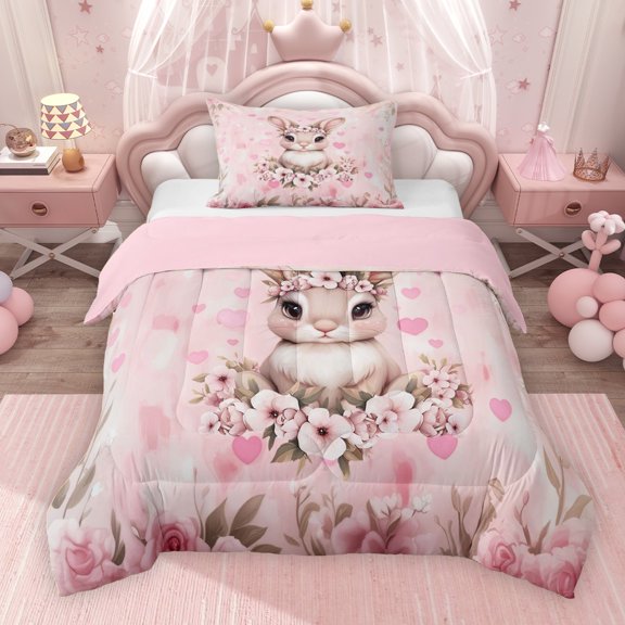 Erosebridal Girls Rabbit Twin Comforter Sets, Princess Pink Flower Floral Bedding Set, Pink Reversible 2pcs, 1 Comforter and 1 Pillowcase