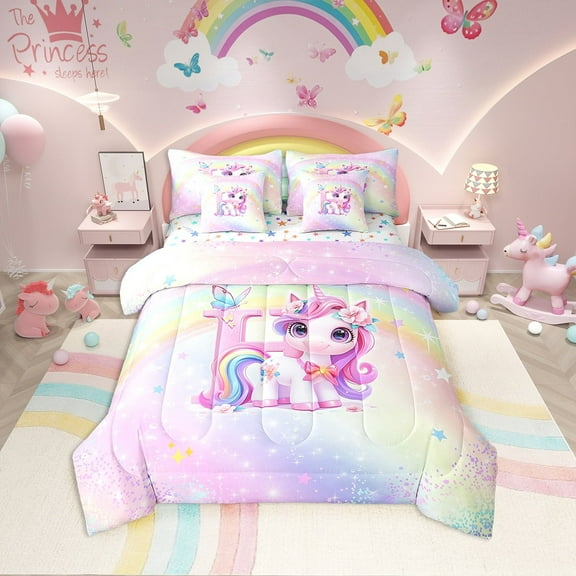Erosebridal Rainbow Unicorn Bedding Sets Twin Size, Initial H Comforter Sets with Sheets, Romantic Initial A-Z Decor, Reversible
