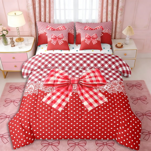 Erosebridal Girls Red Plaid Bowknot Twin Bedding Sets 7-Piece,Teens Vintage Polka Dots Flowers Bedding Comforter Set,Super Cozy Room Decor