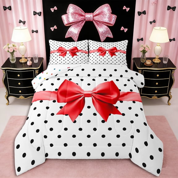 Erosebridal Girls Red Ribbon Bow Queen Comforter Set 3pcs,Kids Teens Black Vintage Polka Dots Bedding Comforter Set,Ultra Soft Home Decor