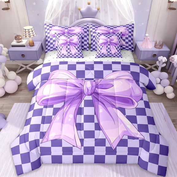 Erosebridal Girls Ribbon Bowtie 7-Piece Twin Bedding Sets,Purple Geometric Plaid Bedding Comforter Set For Kids,Reversible
