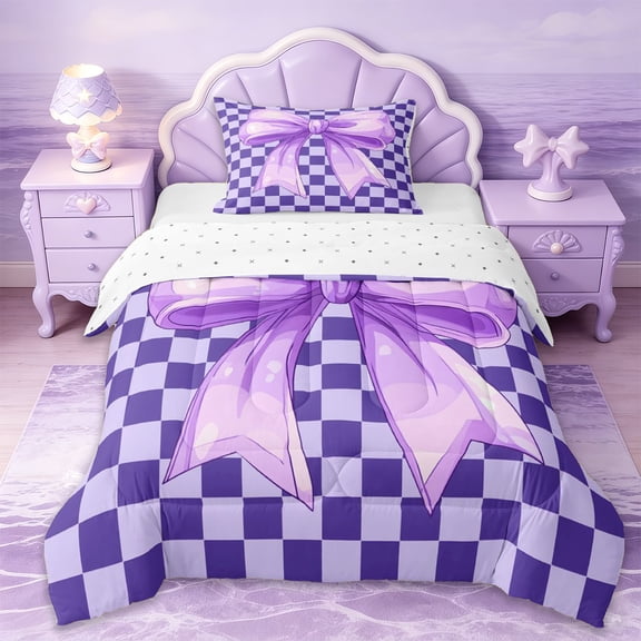 Erosebridal Girls Ribbon Bowtie Twin Comforter Sets,Purple Geometric Plaid Bedding Set For Kids,Reversible,2-Piece