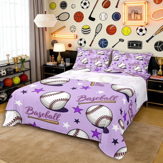 Erosebridal Girls Sport Baseball Full Size Sheets 4-Piece,Ball Gamer Bed Sheets for Kids Teens,Luxury Bedroom Decor