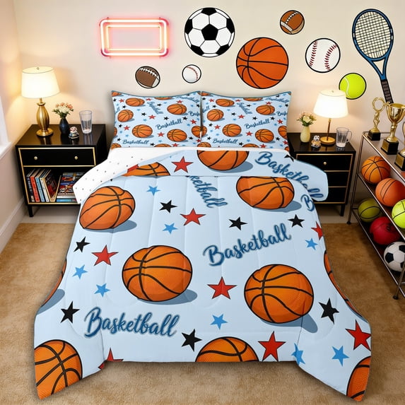 Erosebridal Girls Sport Basketball Full Size Comforter Sets 3 Pieces,Ball Gamer Bedding Sets for Kids Teens,Breathable Home Decor