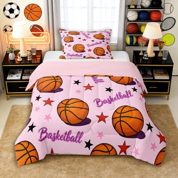 Erosebridal Girls Sport Basketball Twin Comforter Sets 3-Piece,Ball Gamer Bedding Set for Kids Teens,Pink Reversible,Ultra Soft Home Decor