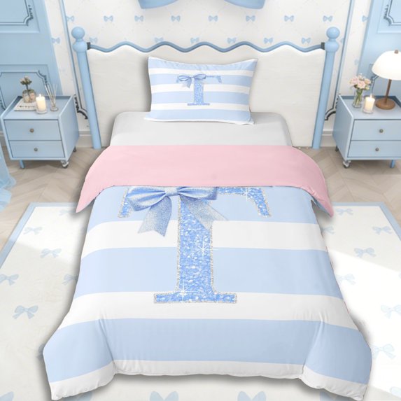 Erosebridal Girls T Personalized Initial Twin Bedding,Teens Kawaii Blue Bowknot Glitter Print Duvet Cover Set,Pink Reversible,2pcs,No Comforter
