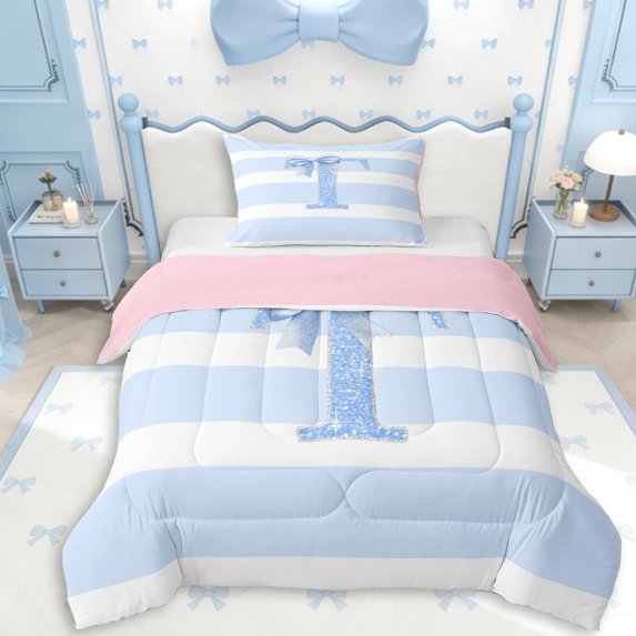 Erosebridal Girls T Personalized Initial Twin Comforter Sets 3-Piece,Teens Kawaii Blue Bowknot Glitter Print Bedding Set,Pink Reversible