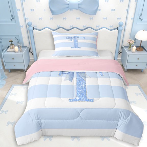 Erosebridal Girls T Personalized Initial Twin Comforter Sets 3-Piece,Teens Kawaii Blue Bowknot Glitter Print Bedding Set,Pink Reversible