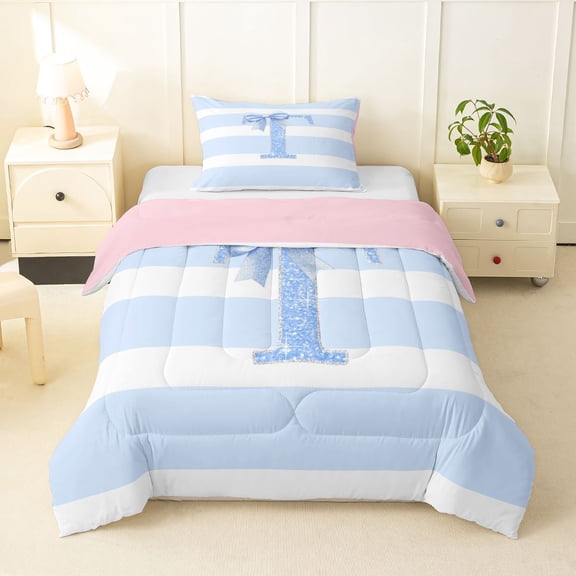 Erosebridal Girls T Personalized Initial Twin Comforter Sets 3-Piece,Teens Kawaii Blue Bowknot Glitter Print Bedding Set,Pink Reversible
