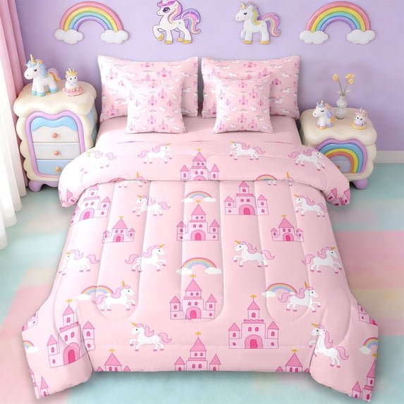 Erosebridal Girls Unicorn 7-Piece Twin Bedding Sets,Cartoon Pink Princess Castle Bedding Comforter Set For Kids,Reversible Pink