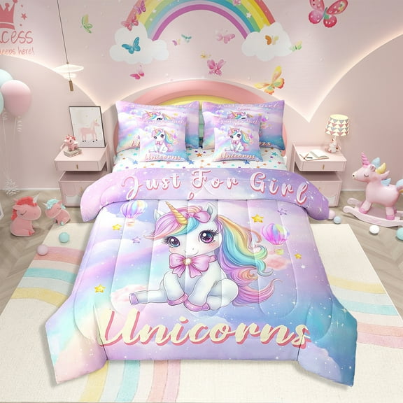 Erosebridal Unicorn Bedding Full Size 7pcs, Stars Print Reversible, Ultra Soft